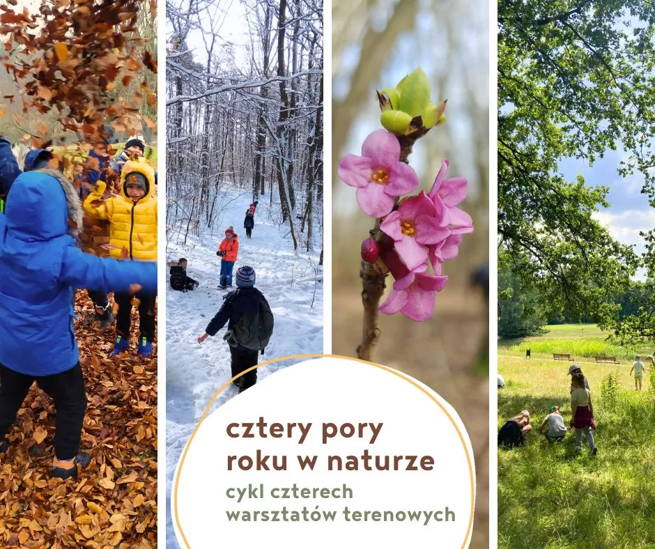 cztery pory roku na forografiach oraz napis cztery pory roku w naturze - cykl czterech warsztatów terenowych