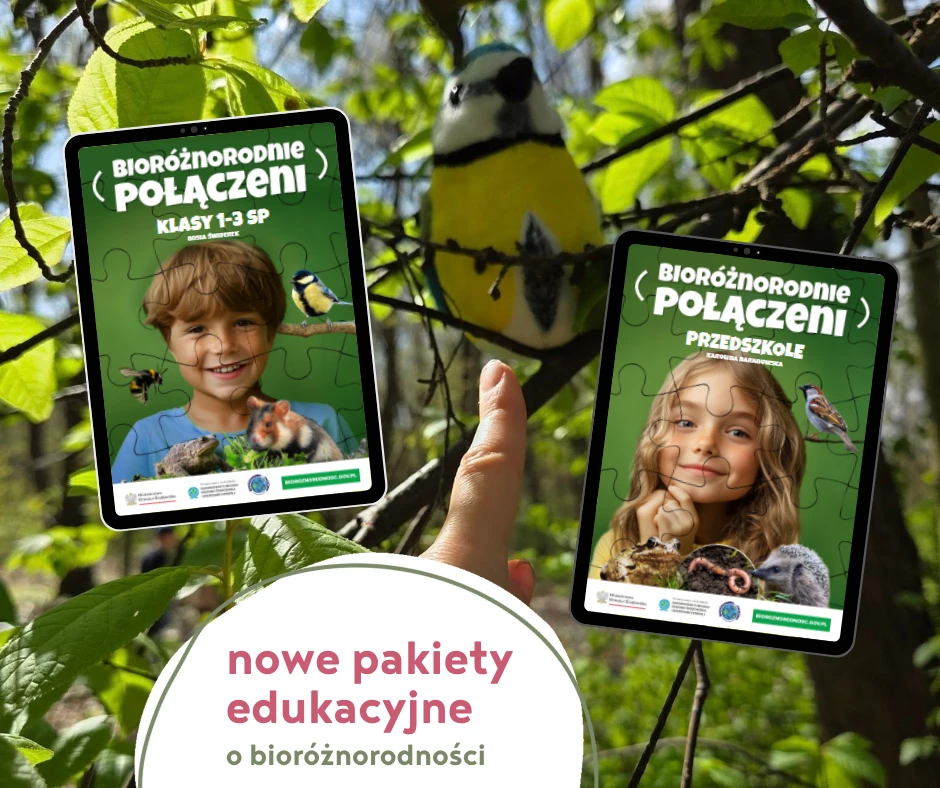 zdjęcie przedstawia pluszową sikorkę na drzewie oraz okładki dwóch pakietów edukacyjnych pod tytułem Bioróżnoropdnie połączni