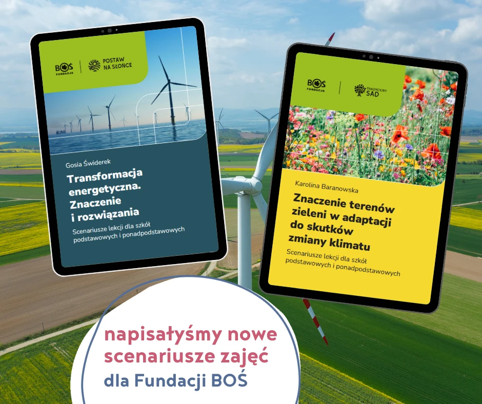 Zdjecie przedstawia okładki dwóch zbiorów scenariuszy zajęć oraz tekst: Napisałyśmy nowe scenariusze zjaęć dla Fundacji BOŚ