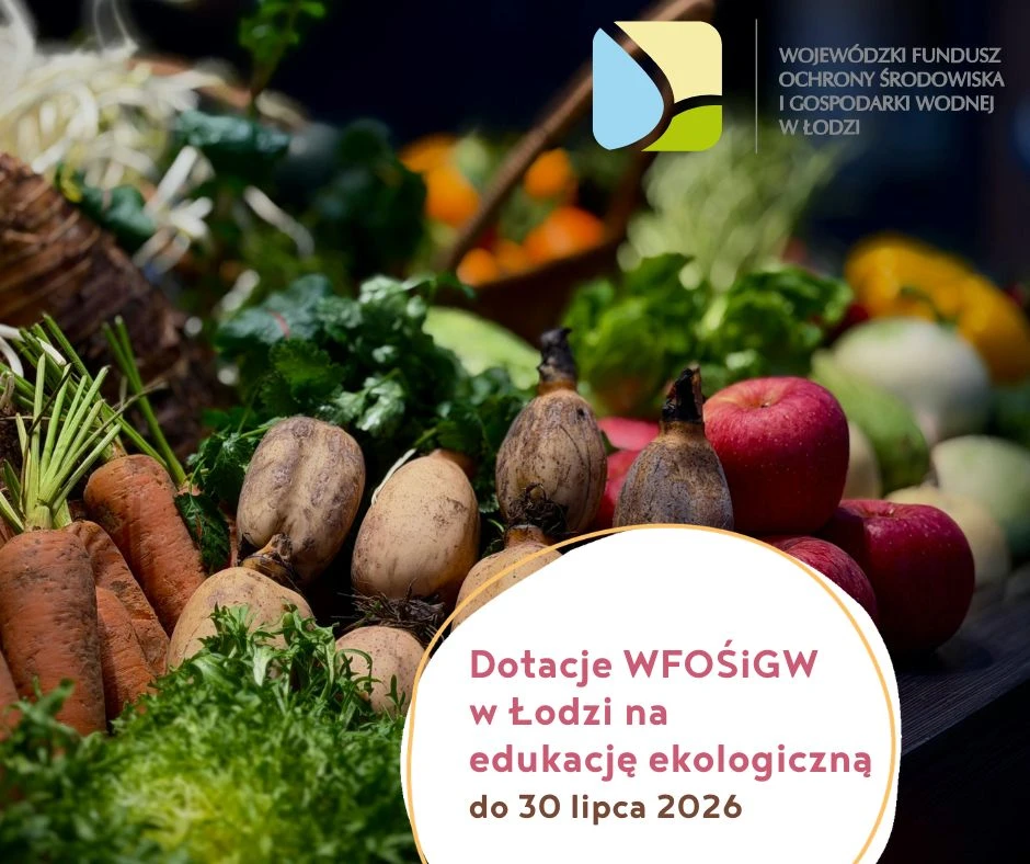 zdjęcie przedstawia ladę targu warzywnego oraz napis dotacje WFOŚ w Łodzi na edukacje ekologiczną