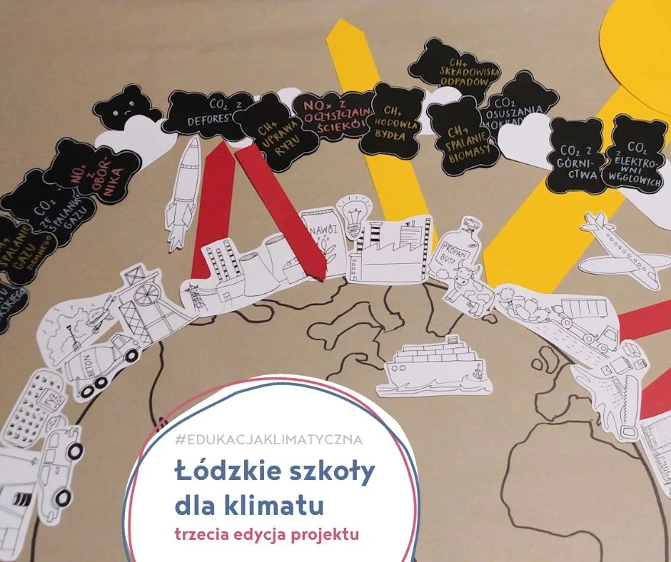 Ilustracja przedstawia schemat efektu cieplarnianego z wyszczególnieniem źródeł gazów cieplarnianych